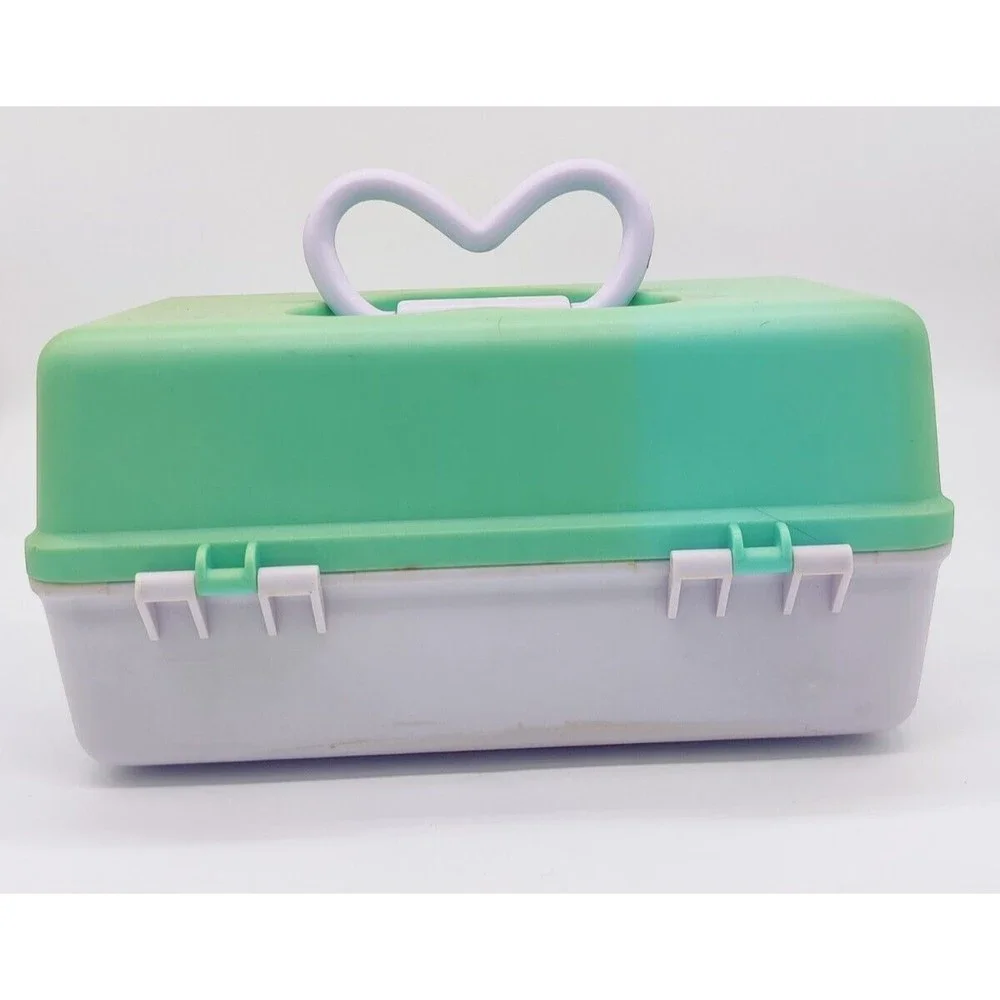 Vintage Naturally Pretty Cosmetics Case Travel Storage Jewelry Teal White Heart